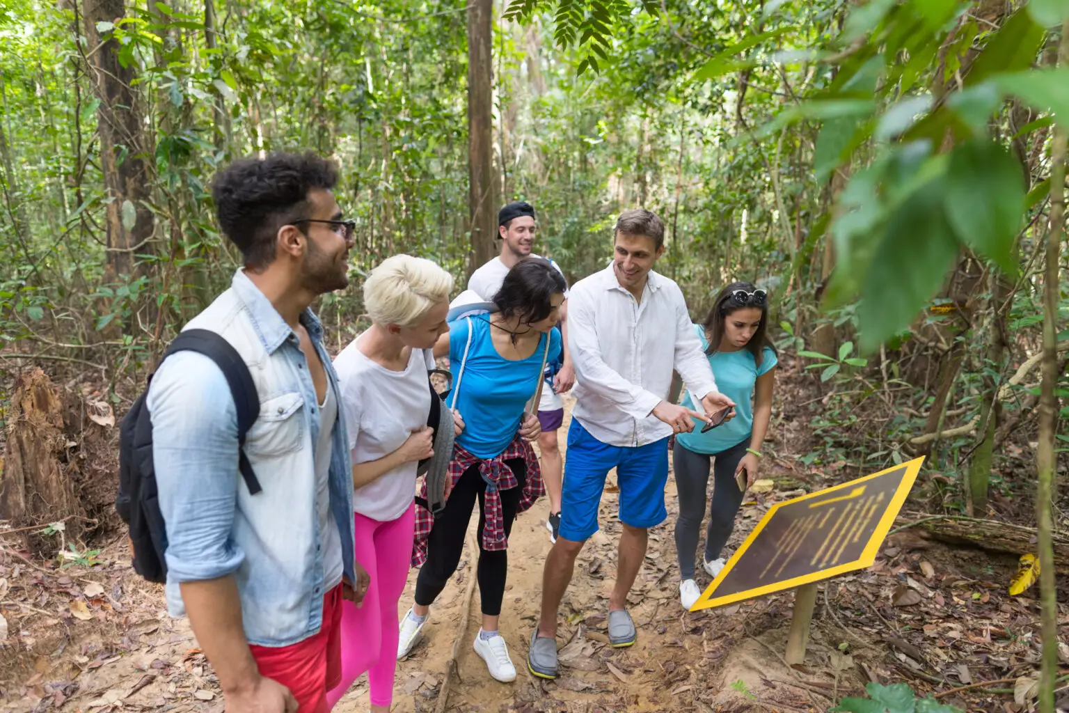 People Group With Backpacks Trekking On Forest Path With Giude Using Cell Smart Phone, Mix Race Young Men And Woman On Hike Tourists Adventure Activity