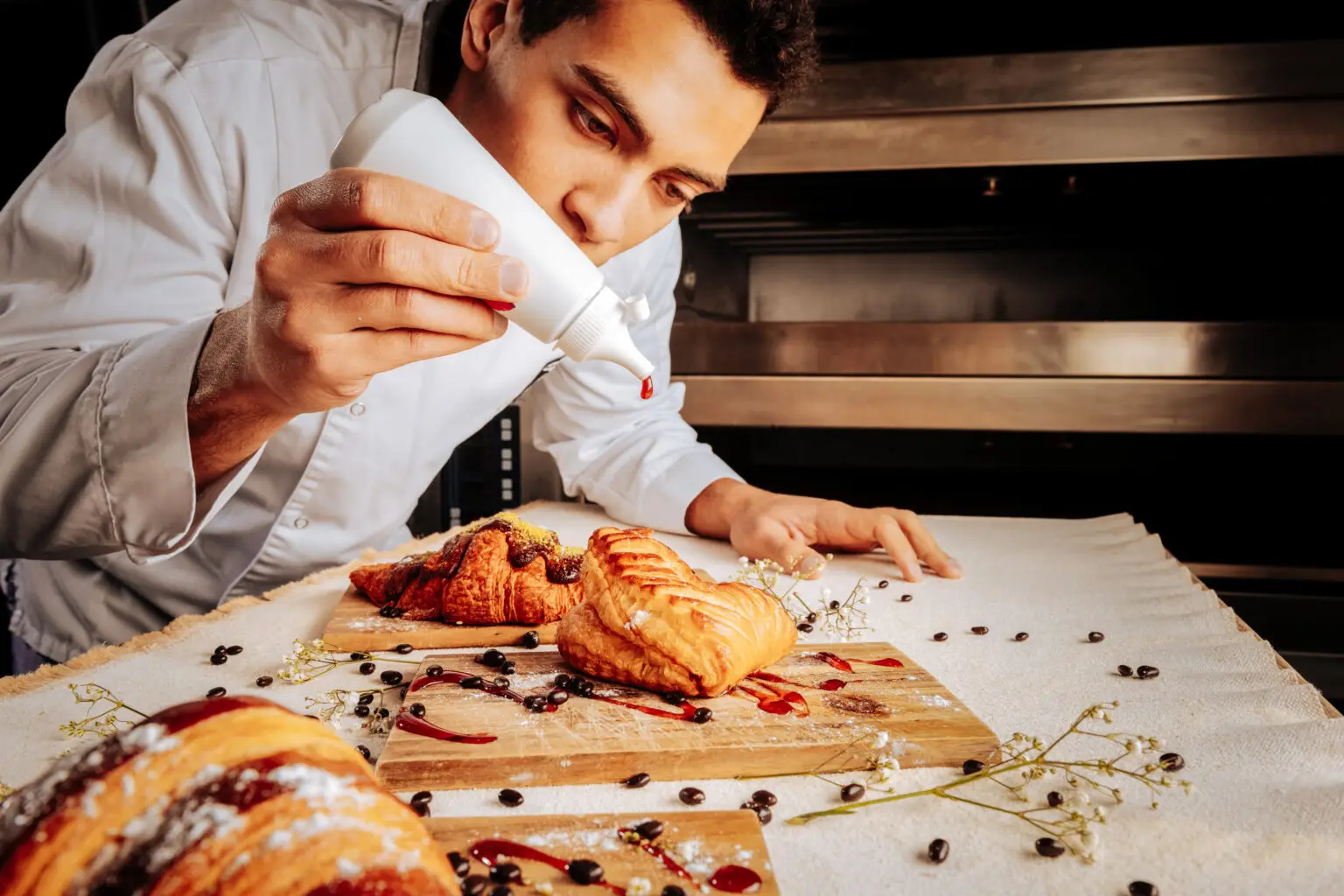 Using topping. Talented inspired dark-haired baker using strawberry topping for cream puff