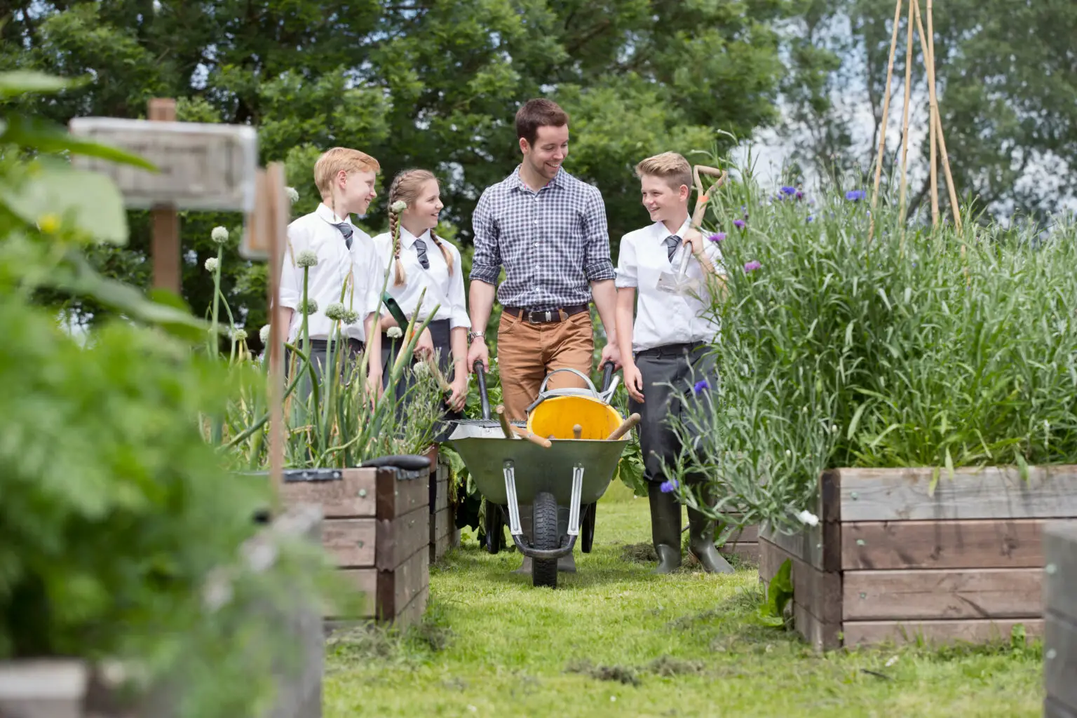 Teacher,And,Middle,School,Students,With,Wheelbarrow,Learning,Gardening,In