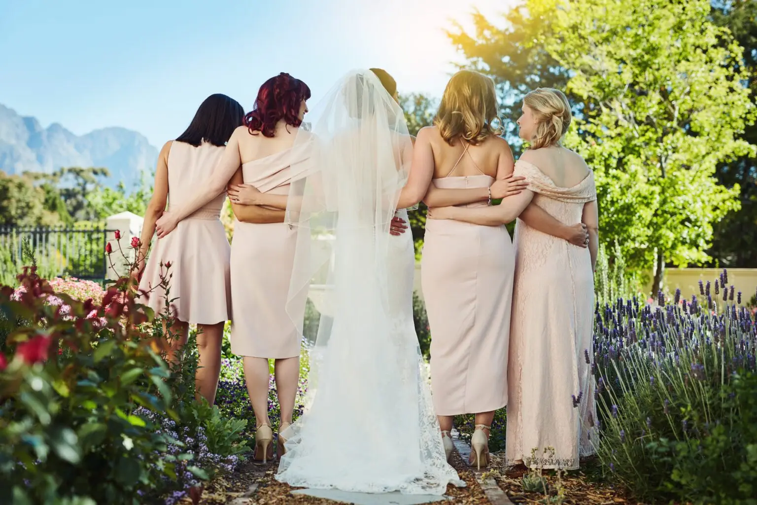 Women,,Bridesmaids,And,Back,For,Wedding,In,Outdoor,With,Friends,